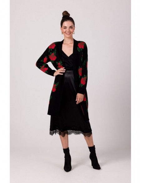 BK102 Jacquard cardigan with rose pattern - black