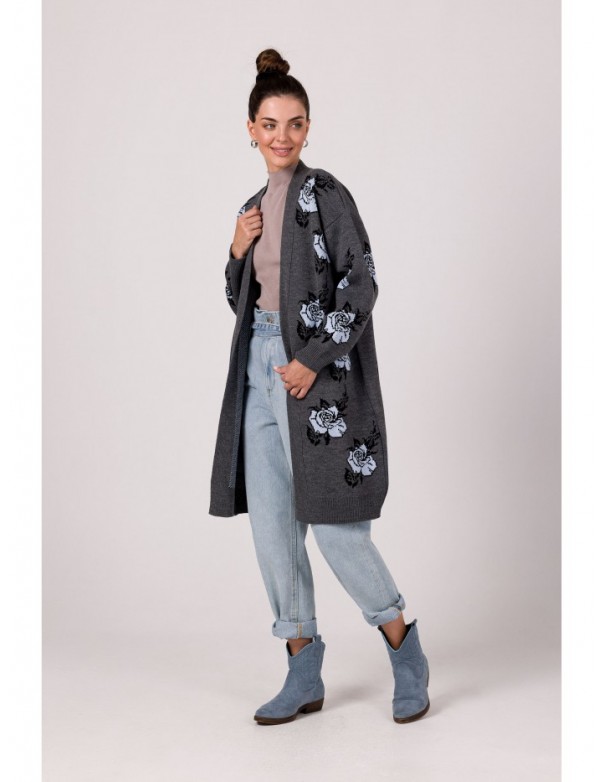 BK102 Jacquard cardigan with rose pattern - graphite