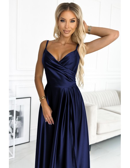  299-12 CHIARA elegant satin maxi dress with straps - navy blue 