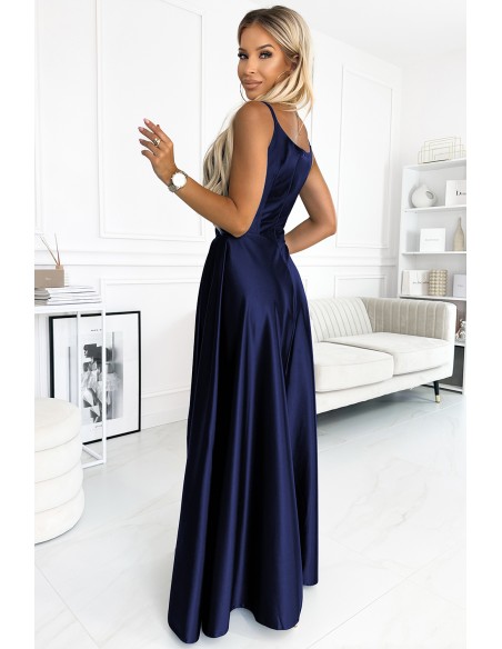  299-12 CHIARA elegant satin maxi dress with straps - navy blue 