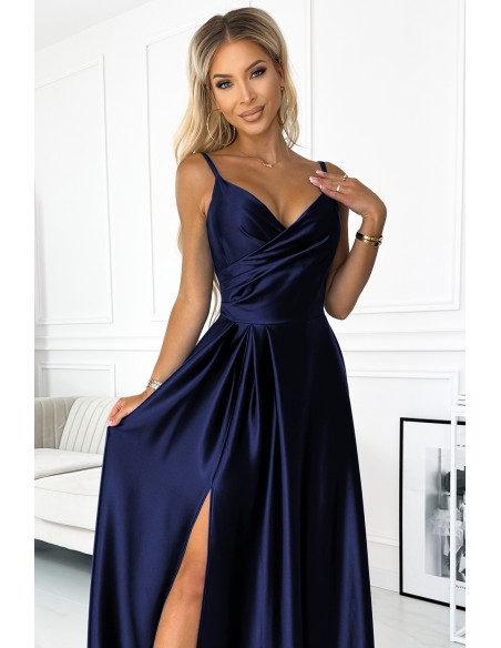  299-12 CHIARA elegant satin maxi dress with straps - navy blue 