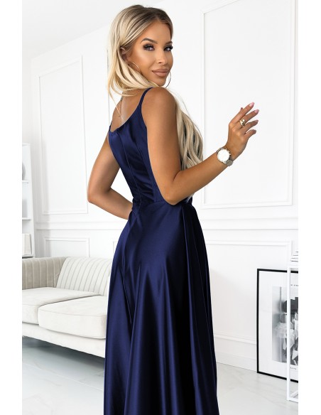  299-12 CHIARA elegant satin maxi dress with straps - navy blue 