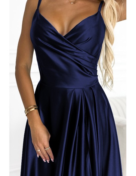  299-12 CHIARA elegant satin maxi dress with straps - navy blue 