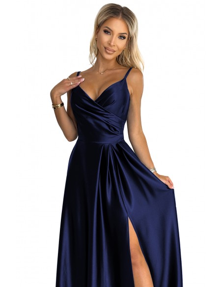  299-12 CHIARA elegant satin maxi dress with straps - navy blue 