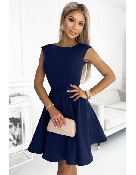  442-3 Flared dress with small sleeves - navy blue 