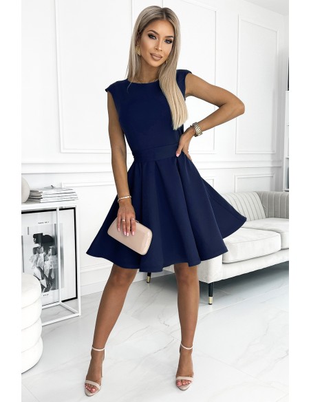  442-3 Flared dress with small sleeves - navy blue 