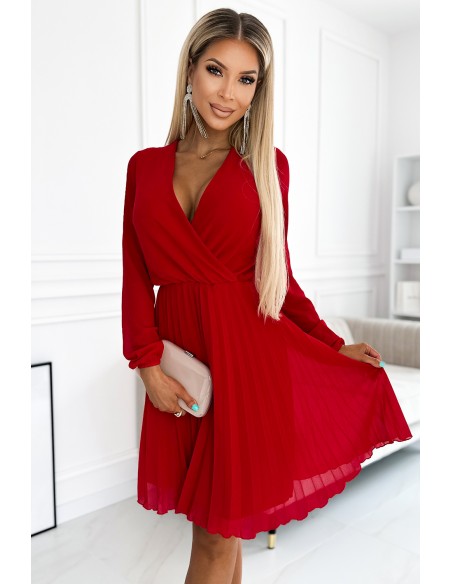  313-13 ISABELLE Pleated dress with long sleeves and envelope neckline - red 