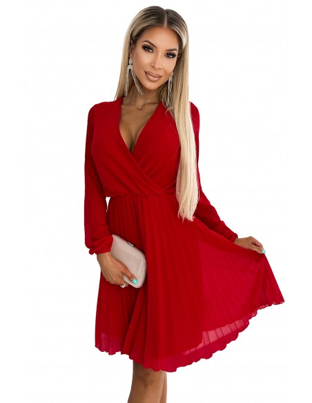  313-13 ISABELLE Pleated dress with long sleeves and envelope neckline - red 