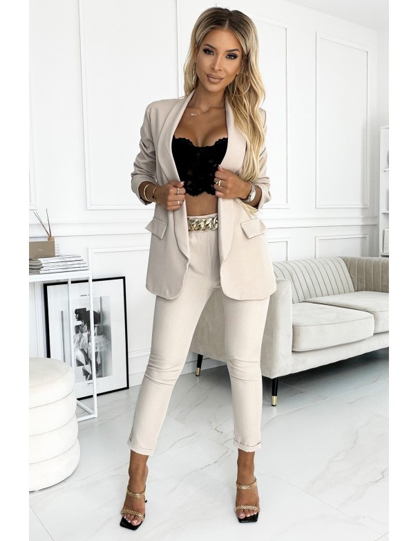  492-1 Elegant set - jacket and trousers with a belt - beige 