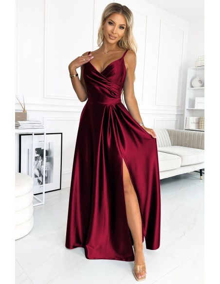  299-13 CHIARA elegant satin maxi dress with straps - Burgundy color 