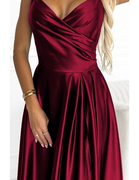  299-13 CHIARA elegant satin maxi dress with straps - Burgundy color 