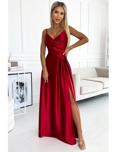  299-14 CHIARA elegant satin maxi dress with straps - red color 