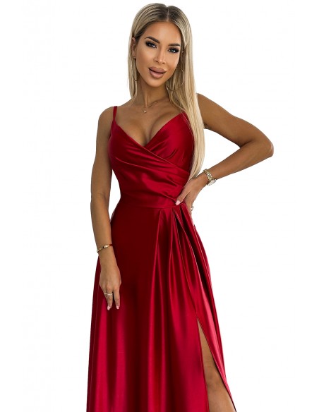  299-14 CHIARA elegant satin maxi dress with straps - red color 