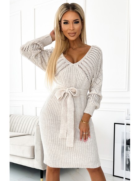  507-1 Openwork sweater dress with a neckline and ties - beige 