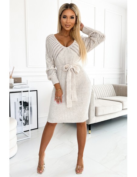  507-1 Openwork sweater dress with a neckline and ties - beige 