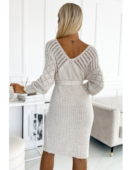  507-1 Openwork sweater dress with a neckline and ties - beige 