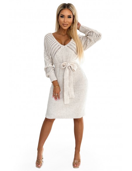  507-1 Openwork sweater dress with a neckline and ties - beige 