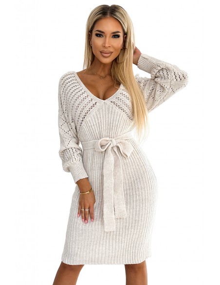  507-1 Openwork sweater dress with a neckline and ties - beige 