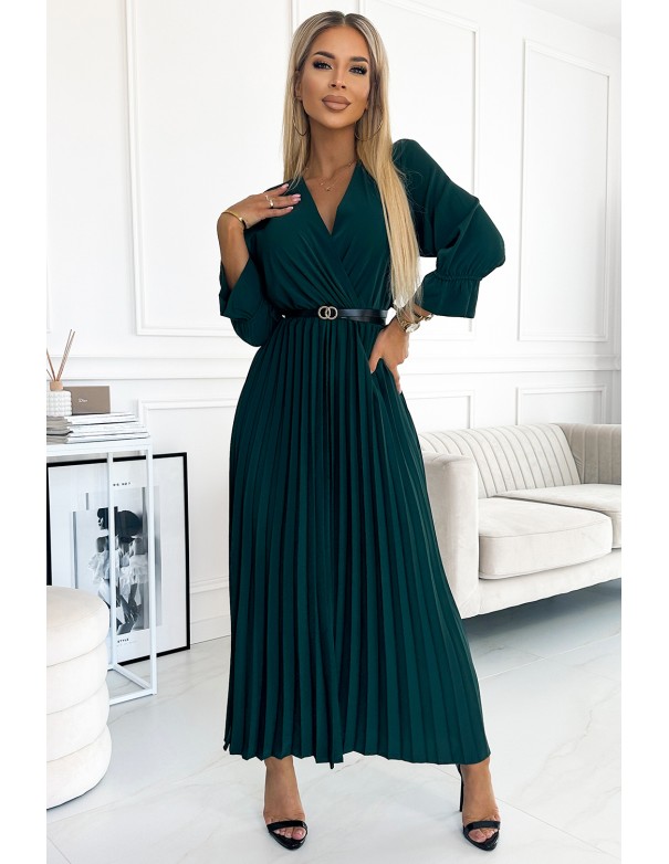  462-2 SERENA Pleated maxi dress with a neckline, belt and 3/4 sleeves - green 