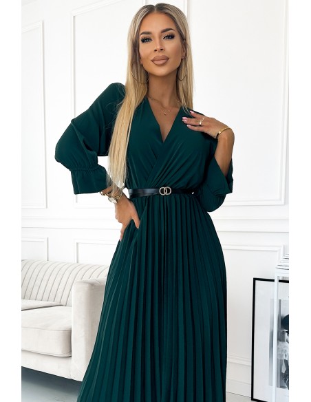  462-2 SERENA Pleated maxi dress with a neckline, belt and 3/4 sleeves - green 