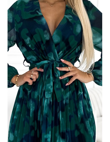  415-4 YSABEL Pleated dress with a neckline, long sleeves and a belt - green pattern 