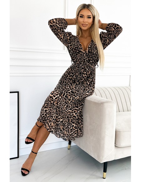  505-1 WILD Longer chiffon dress with a neckline, ruffles and a belt - leopard print 