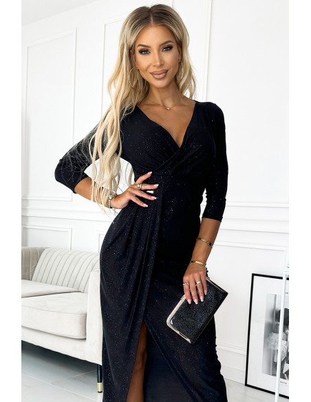  404-6 Shiny dress with a neckline and a slit on the leg - black color 