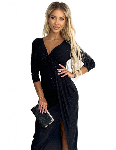  404-6 Shiny dress with a neckline and a slit on the leg - black color 