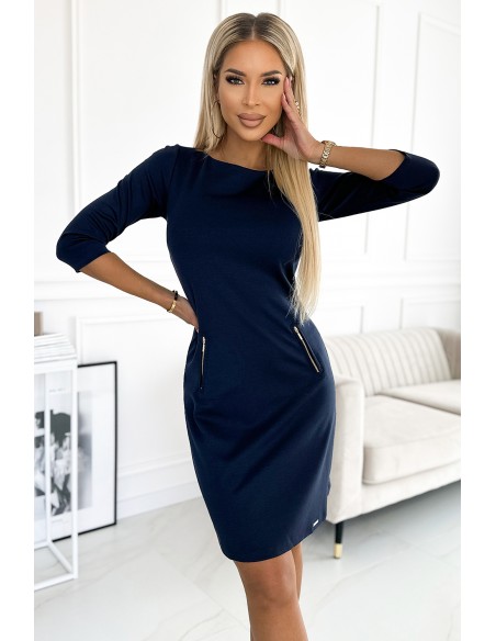  420-4 MARY Dress with gold zippers - Navy blue 