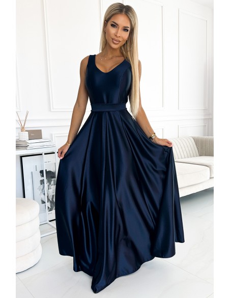  508-1 CINDY long satin dress with a neckline and bow - navy blue 