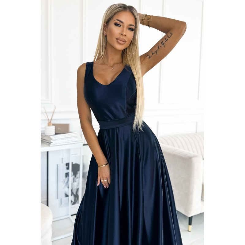508-1 CINDY long satin dress with a neckline and bow - navy blue  2