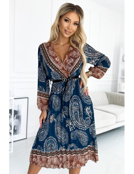  510-1 Pleated midi dress with a neckline, long sleeves and a black belt - blue and brown pattern 