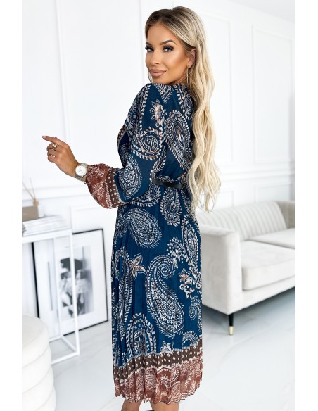  510-1 Pleated midi dress with a neckline, long sleeves and a black belt - blue and brown pattern 