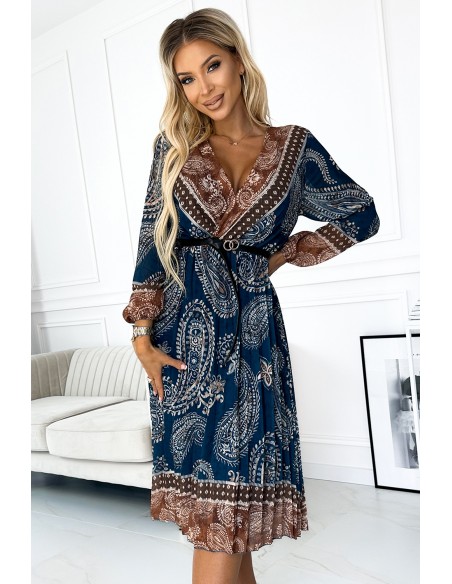  510-1 Pleated midi dress with a neckline, long sleeves and a black belt - blue and brown pattern 