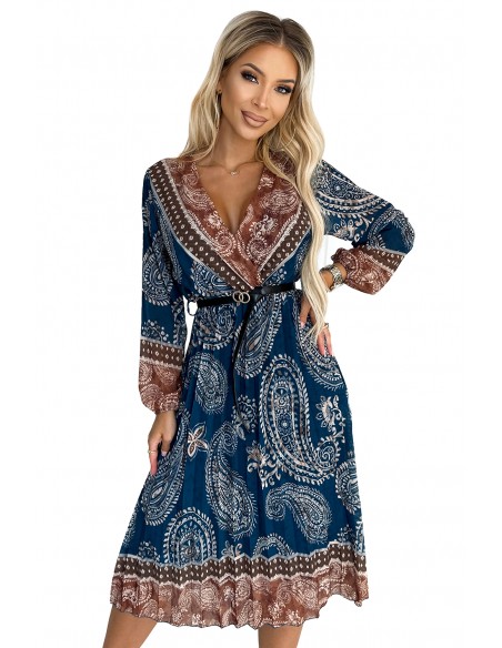  510-1 Pleated midi dress with a neckline, long sleeves and a black belt - blue and brown pattern 