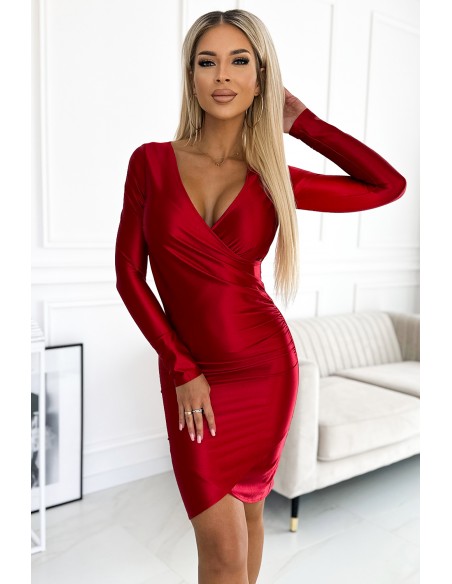  477-2 Satin dress with an envelope neckline and long sleeves - red 