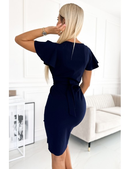  479-2 NINA dress with an envelope neckline, sleeve and belt - navy blue 