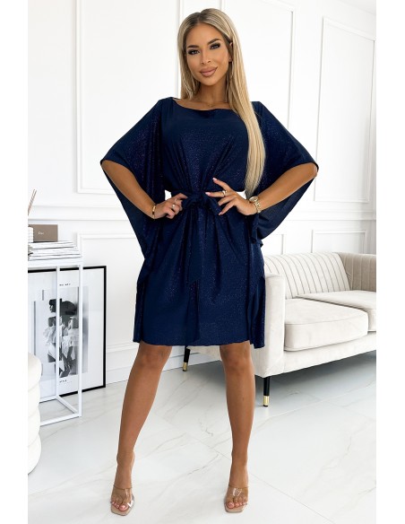  287-24 SOFIA Butterfly dress with a binding at the waist - navy blue with glitter 