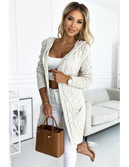  491-1 Cardigan - cape with a hood and pockets - beige braid 