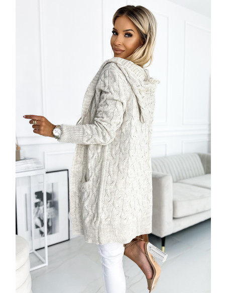  491-1 Cardigan - cape with a hood and pockets - beige braid 