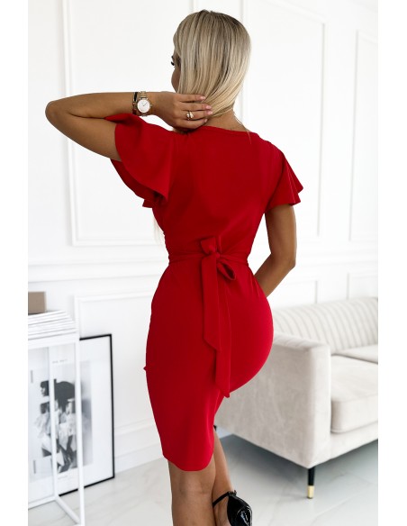  479-3 NINA dress with an envelope neckline, sleeve and belt - red 