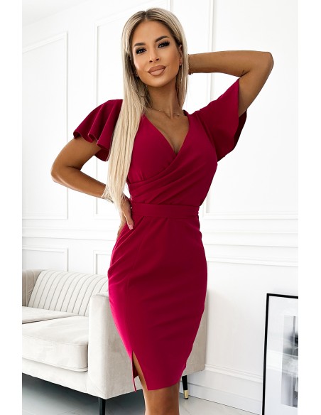  479-4 NINA dress with envelope neckline, sleeves and belt - fuchsia 