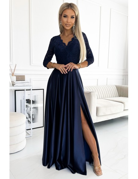  309-7 AMBER lace long satin dress with a neckline - dark blue 