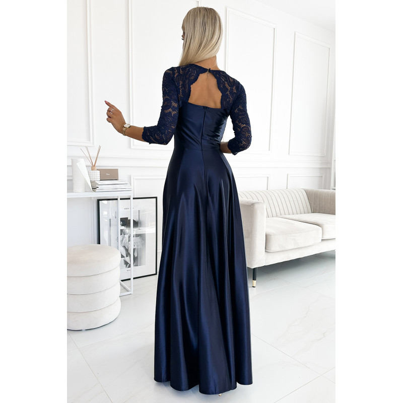 309-7 AMBER lace long satin dress with a neckline - dark blue  2