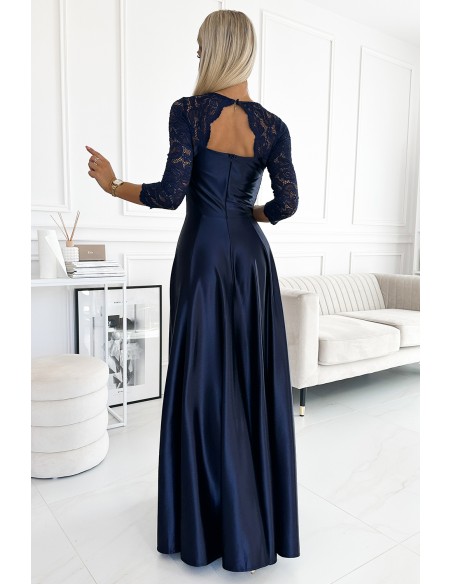  309-7 AMBER lace long satin dress with a neckline - dark blue 