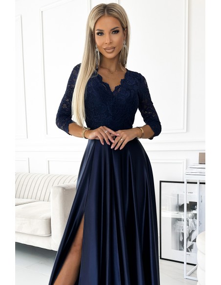  309-7 AMBER lace long satin dress with a neckline - dark blue 