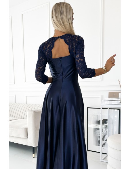  309-7 AMBER lace long satin dress with a neckline - dark blue 