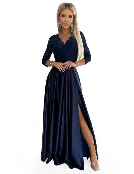  309-7 AMBER lace long satin dress with a neckline - dark blue 