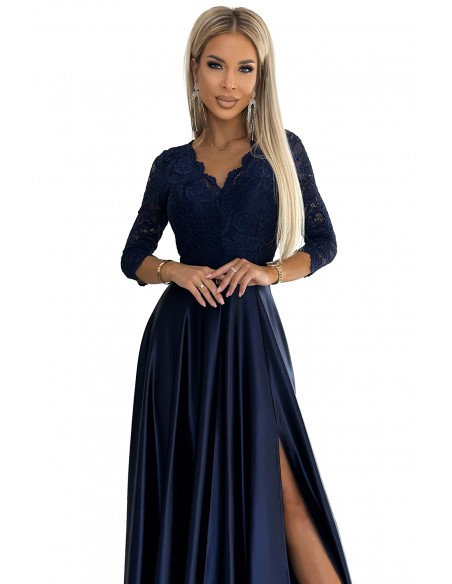  309-7 AMBER lace long satin dress with a neckline - dark blue 