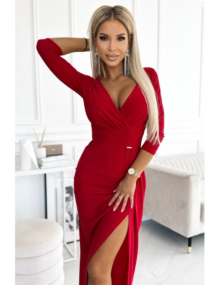  404-7 Shiny dress with a neckline and a slit on the leg - red color 